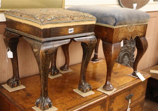 An oak dresssing stool with pad feet and another with claw and ball feet larger W.19cm